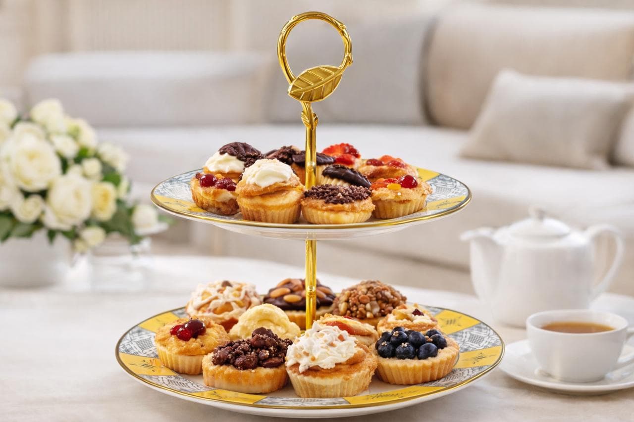 Presentoir a gateaux 2 etages jaune et dore